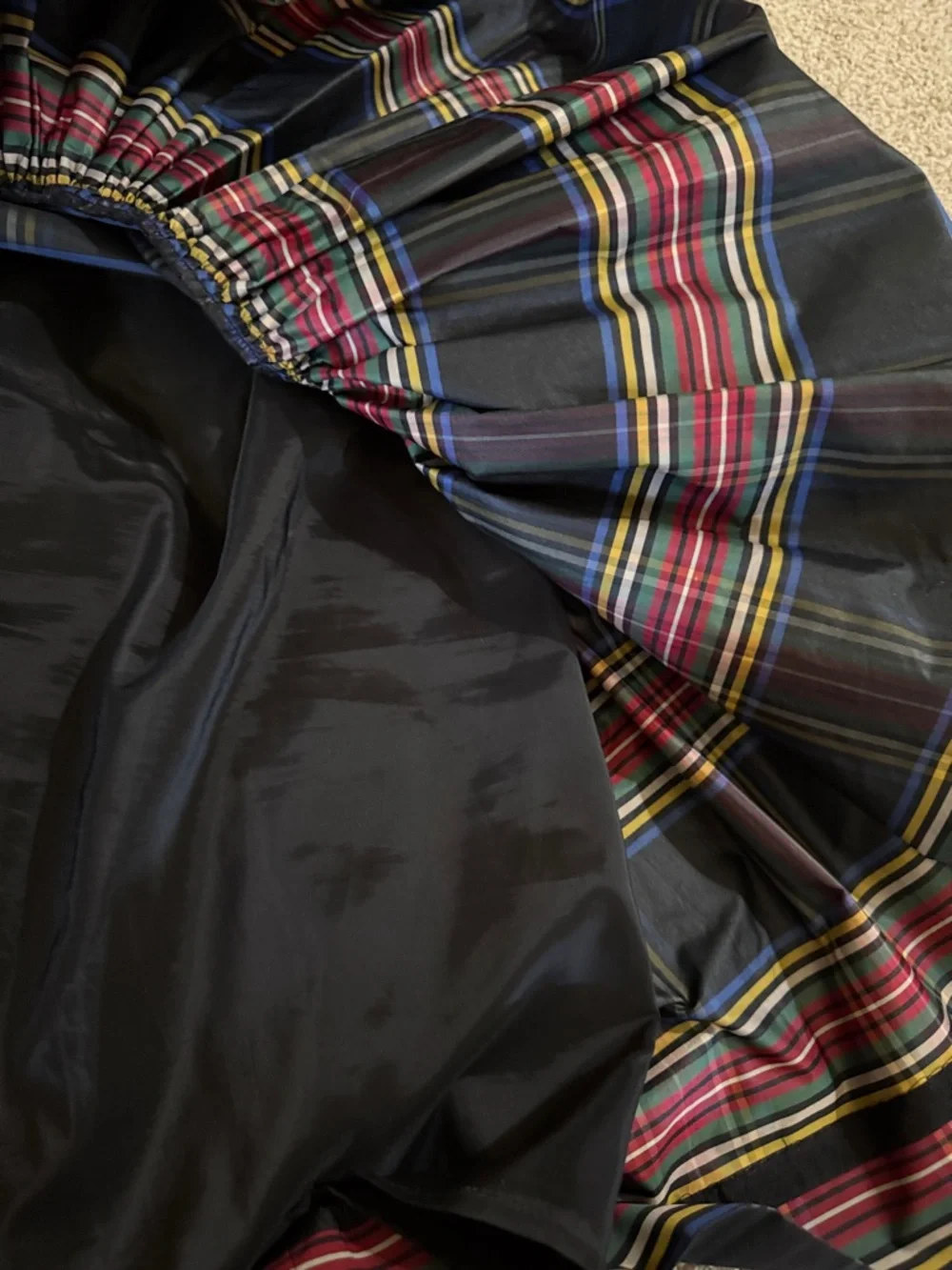 J. Crew Navy Plaid Tiered Midi Skirt with Red and Yellow Stripes